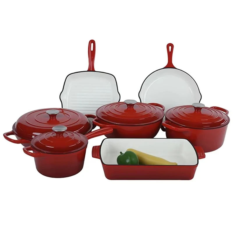 OSFE 11 PCS Enameled Cast Iron Cookware Set (24, 26, 30, 19cm) Pots, (33, 26,25 cm) Pans