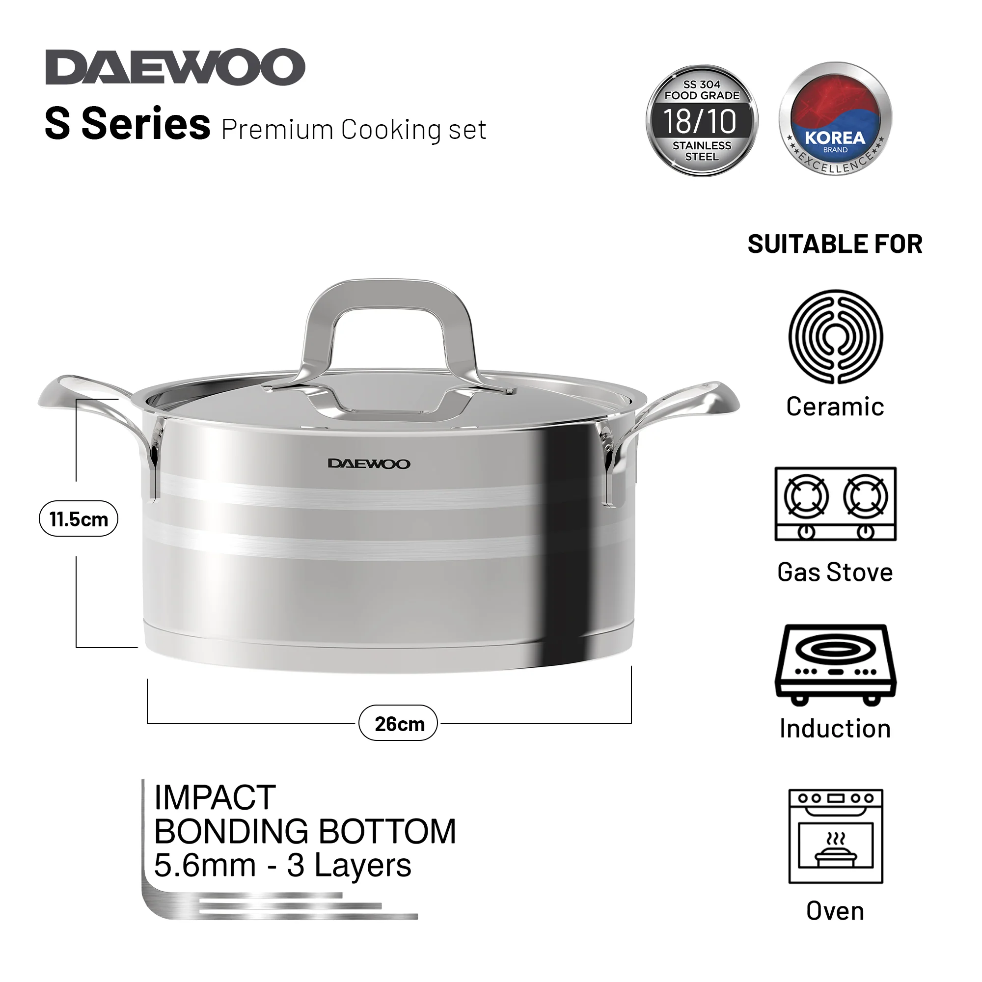 Daewoo 18/10 Stainless Steel Cookware Set of 7 Pcs (28, 24, 20 cm Pots, 24cm Pan) - Silver