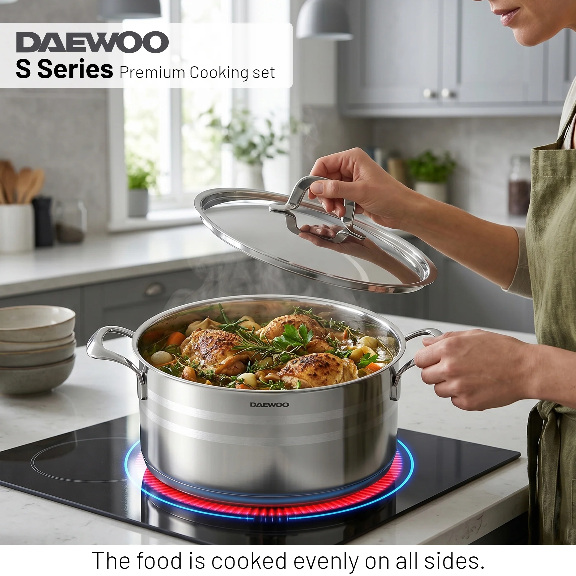 Daewoo 18/10 Stainless Steel Cookware Set of 7 Pcs (28, 24, 20 cm Pots, 24cm Pan) - Silver
