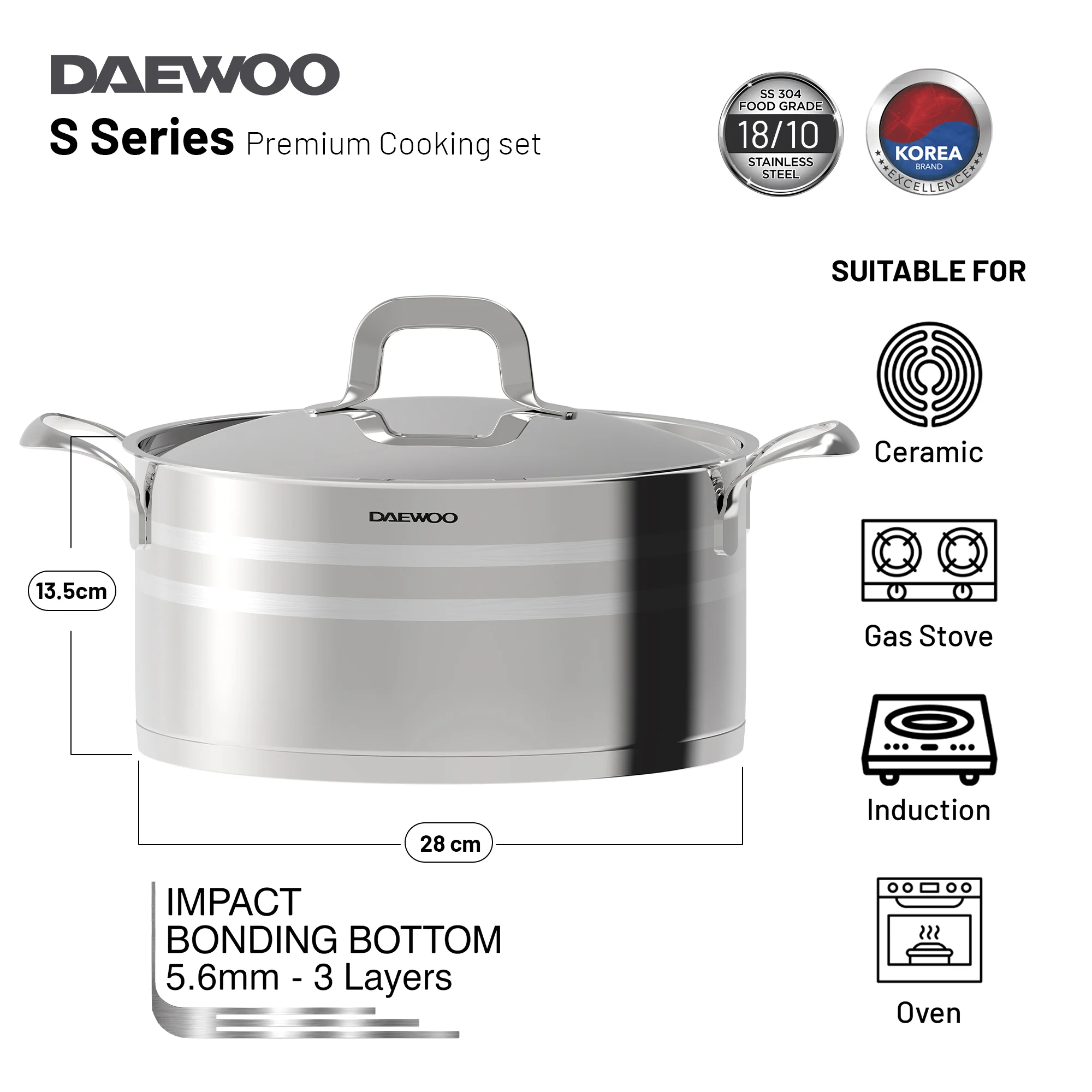 Daewoo 18/10 Stainless Steel Cookware Set of 7 Pcs (28, 24, 20 cm Pots, 24cm Pan) - Silver