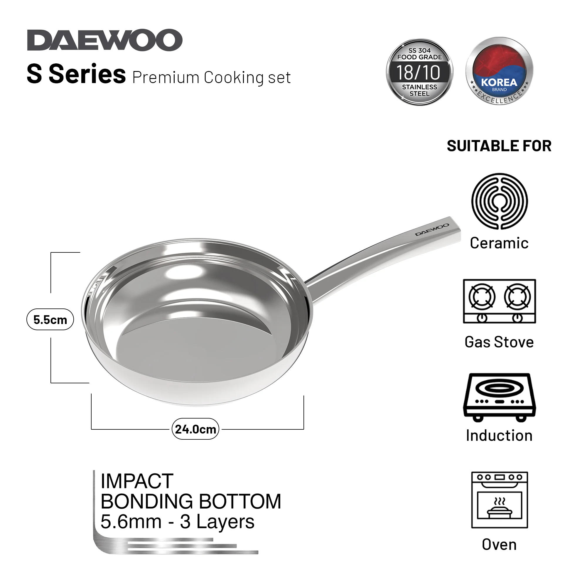 Daewoo 18/10 Stainless Steel Cookware Set of 7 Pcs (28, 24, 20 cm Pots, 24cm Pan) - Silver