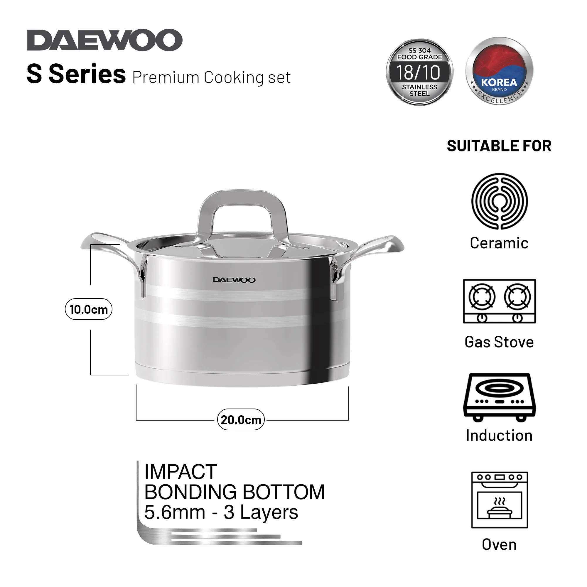 Daewoo 18/10 Stainless Steel Cookware Set of 7 Pcs (28, 24, 20 cm Pots, 24cm Pan) - Silver