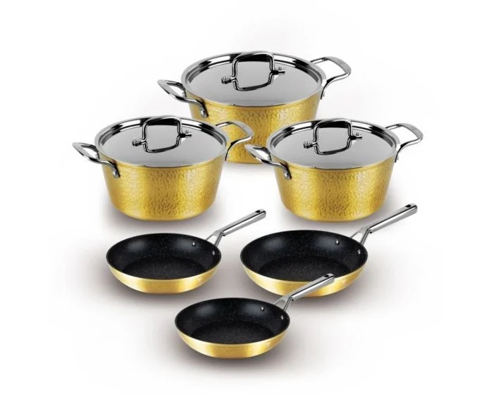Berlinger Haus Hammered Cooking Set 9 Pcs Set Casseroles (30+26+22 cm) + Fry Pan (30+26+22 cm) - Gold