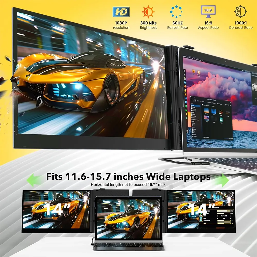 Gamvity 14-inch Triple Screen Portable Monitor With One-cable Connection