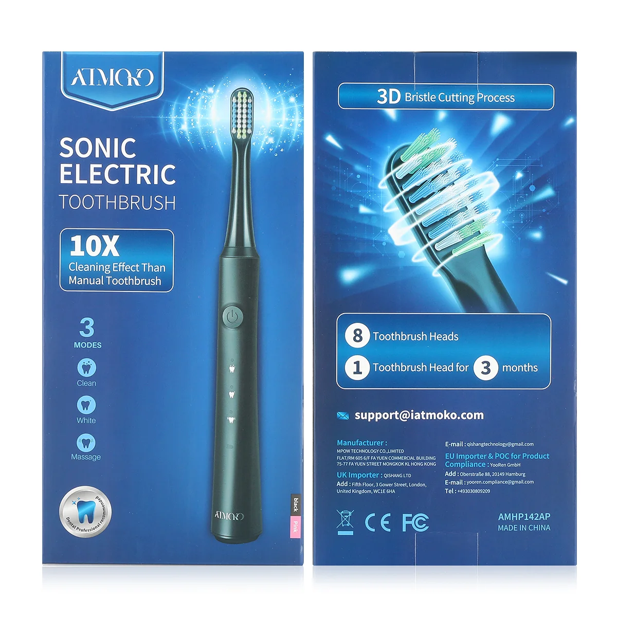 ATMOKO Sonic Duo Electric Toothbrush, Rechargeable with 40000VPM, Includes 8 Brush Heads-HP42A, Black&pink