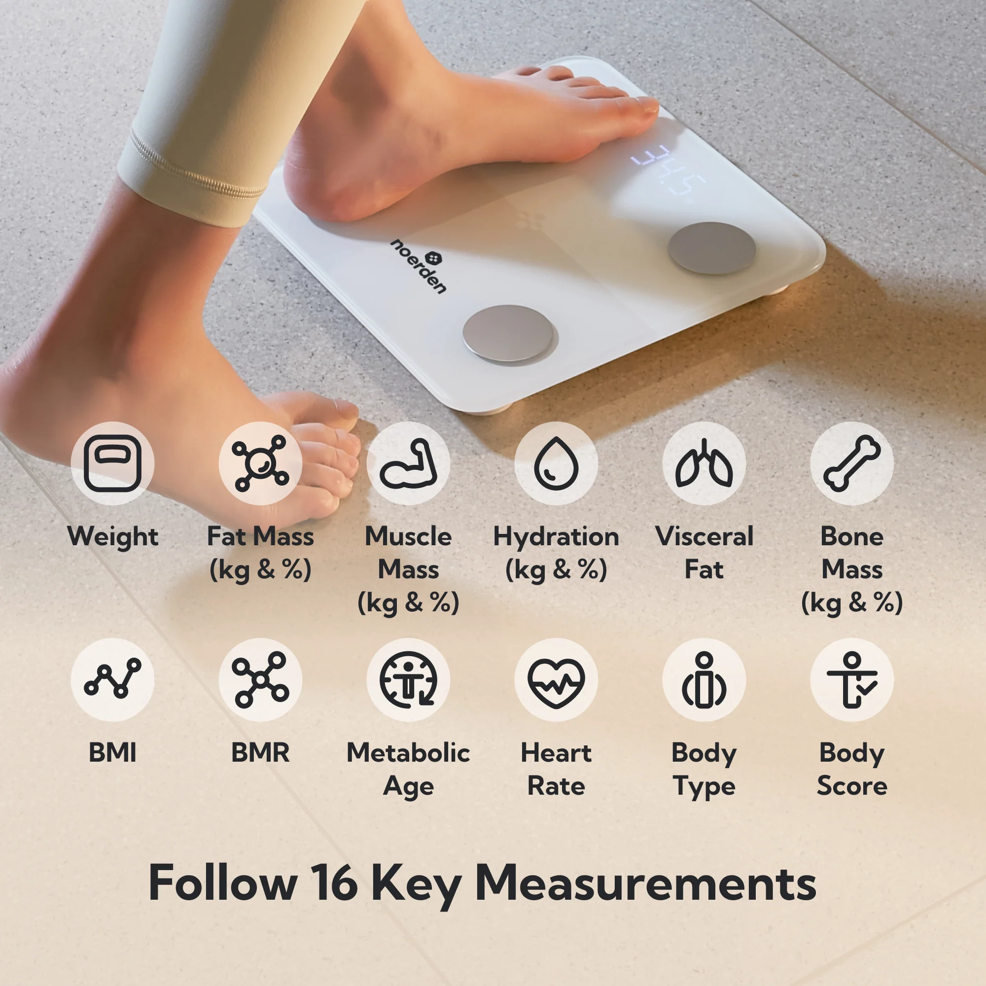 Noerden MINIMI+ Smart Body Scale – 16 Metrics, Heart Rate & Bluetooth Sync