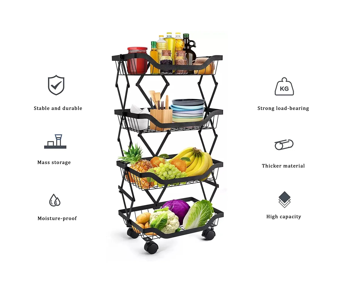 4 Layer Adjustable Foldable Movable Storage Rack with 360° Rolling Wheels & Mesh Baskets for Kitchen Organization