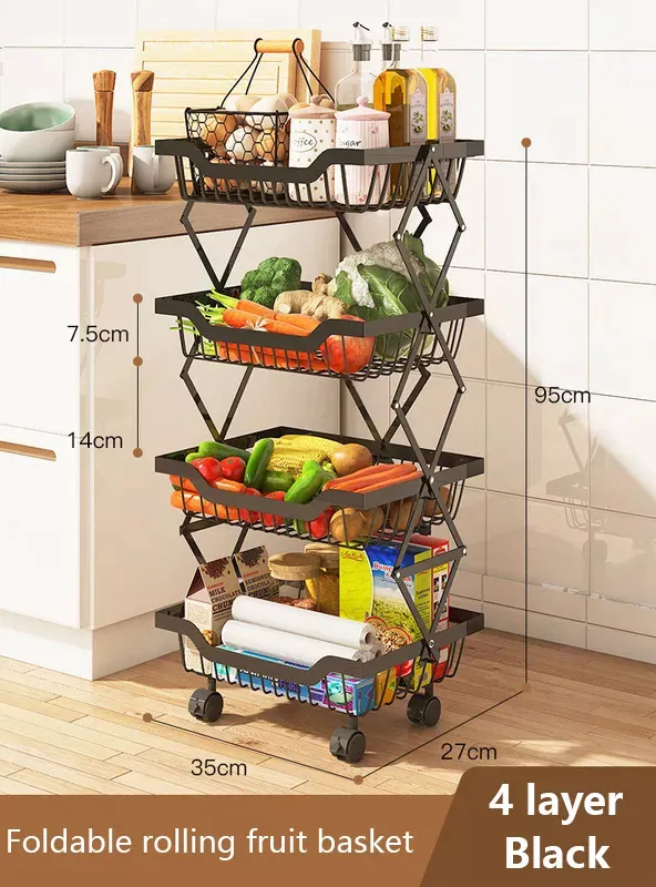 4 Layer Adjustable Foldable Movable Storage Rack with 360° Rolling Wheels & Mesh Baskets for Kitchen Organization