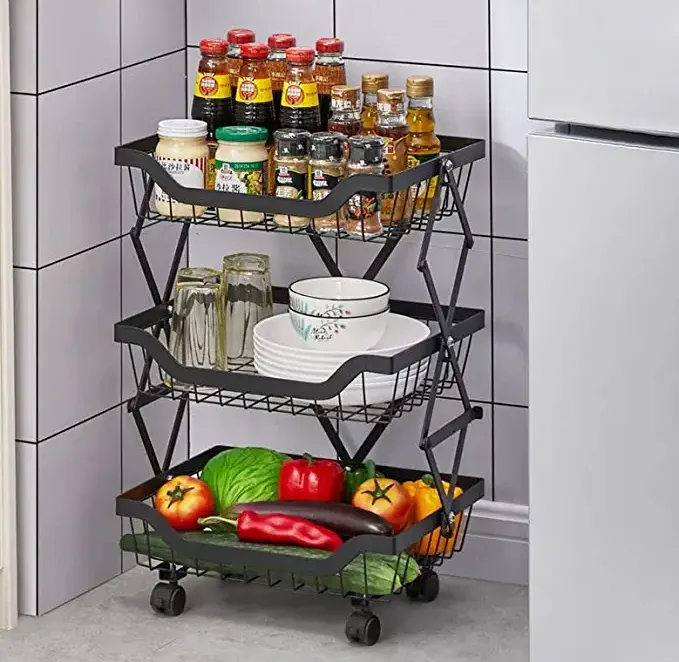 3 Layer Adjustable Foldable Movable Storage Rack with 360° Rolling Wheels & Mesh Baskets for Kitchen Organization