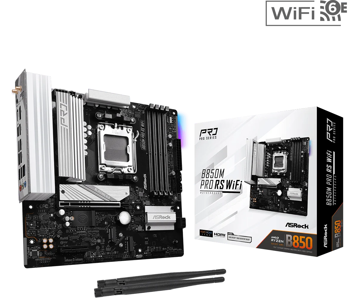 ASRock B850M Pro RS WiFi - AMD AM5 Micro-ATX Motherboard, DDR5, WiFi 6E, PCIe 5.0