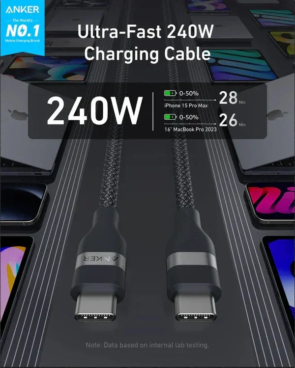 Anker 1.8m/6ft, USB-C USB-C 240W Upcycled-Braided, Fast Charging & Durable