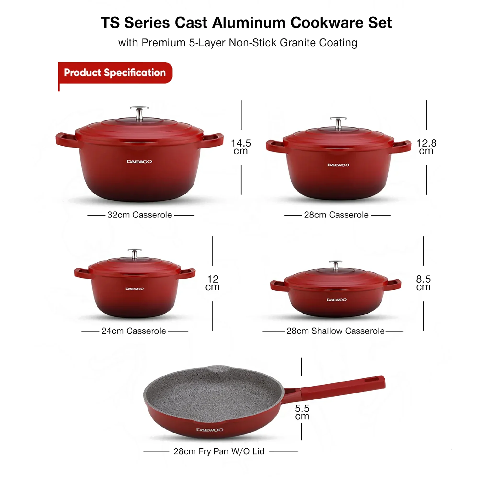 Daewoo TS Series Granite Cooking Set of 9 Pcs (32, 28, 24 cm Pot, 28 cm Pan, 28 cm Casserole) with 4 Pcs Silicone Pot Handle - Red