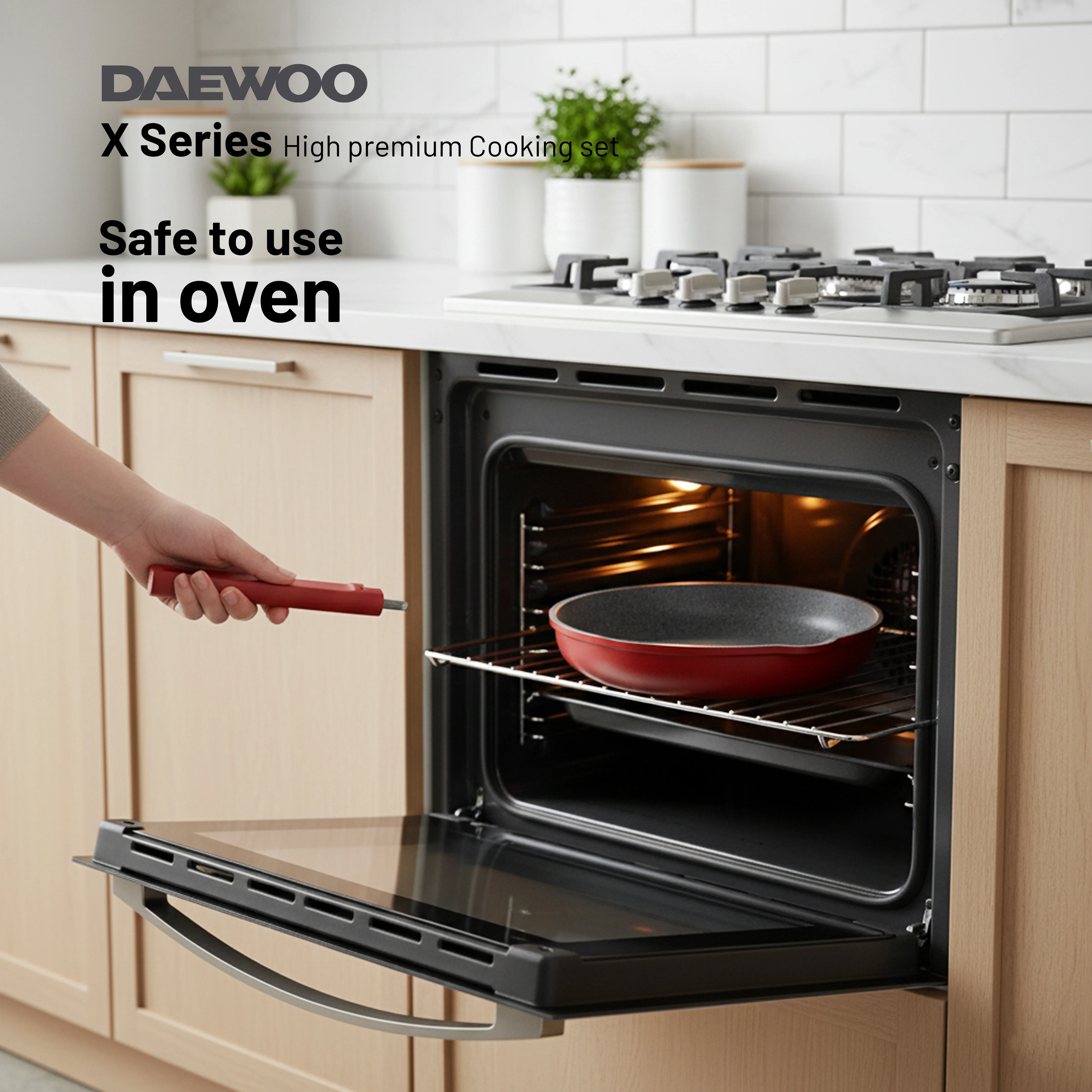 Daewoo TS Series Granite Cooking Set of 9 Pcs (32, 28, 24 cm Pot, 28 cm Pan, 28 cm Casserole) with 4 Pcs Silicone Pot Handle - Red