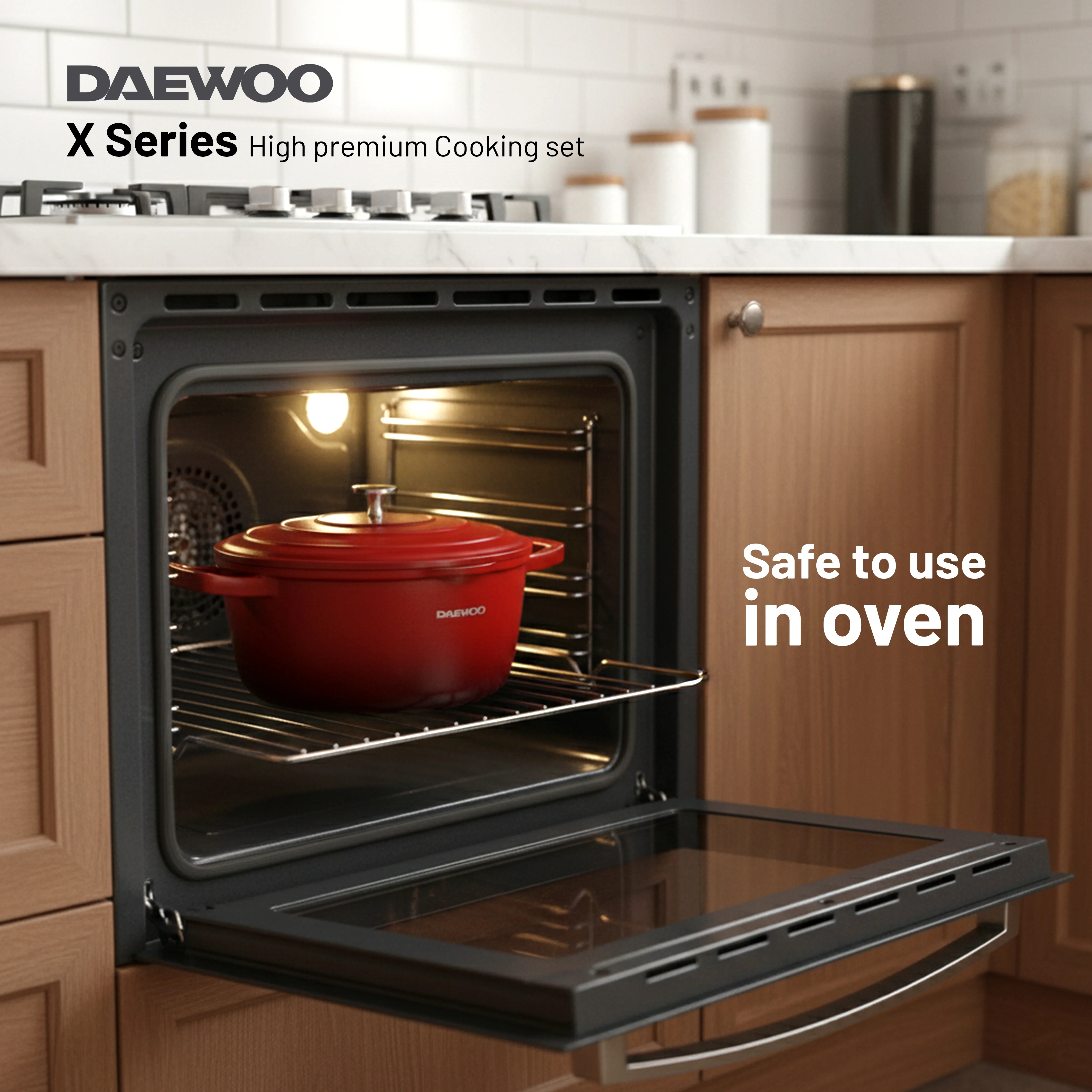 Daewoo TS Series Granite Cooking Set of 9 Pcs (32, 28, 24 cm Pot, 28 cm Pan, 28 cm Casserole) with 4 Pcs Silicone Pot Handle - Red