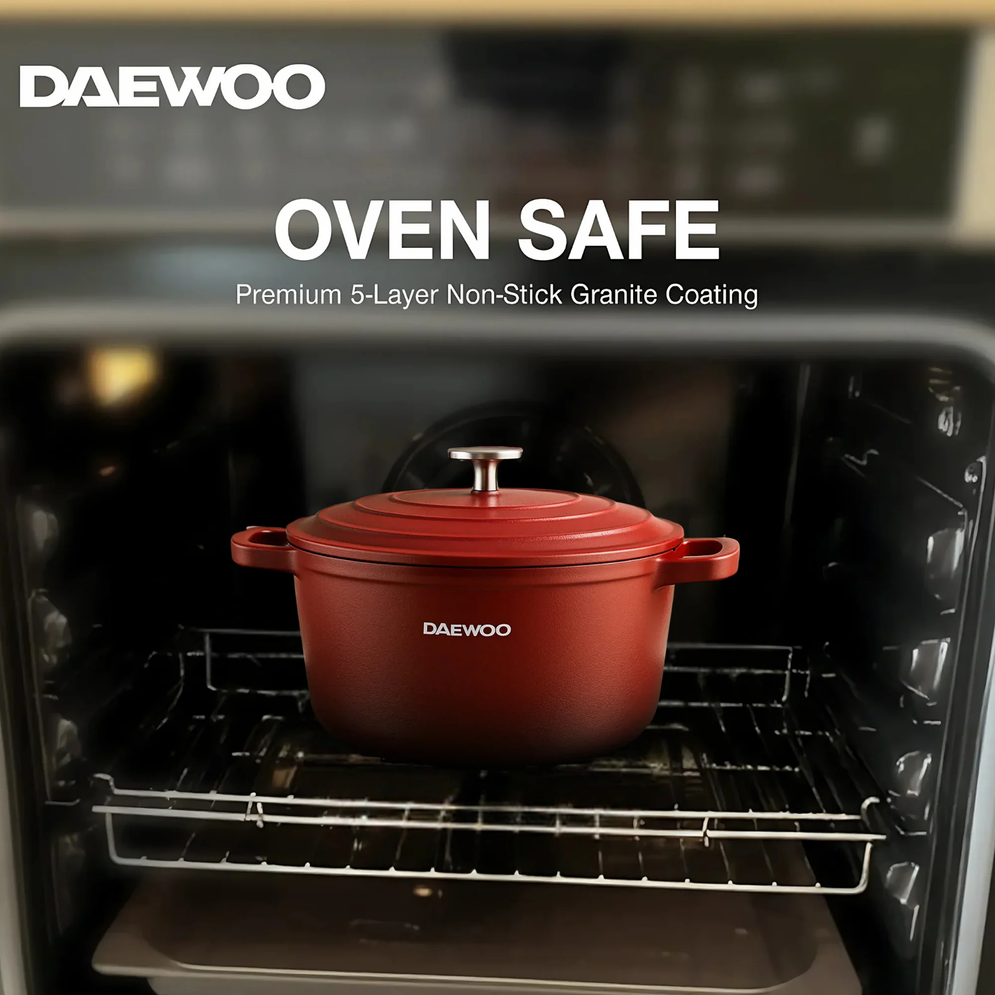 Daewoo TS Series Granite Cooking Set of 9 Pcs (32, 28, 24 cm Pot, 28 cm Pan, 28 cm Casserole) with 4 Pcs Silicone Pot Handle - Red
