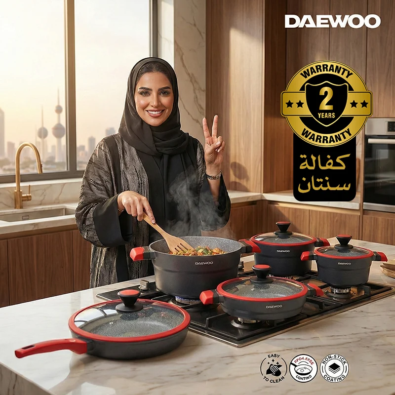 Daewoo X Series 11 Piece Granite Cooking Set (32,28,24 cm Pot, 28 cm Pan, 28 cm  Casserole), 2 Pcs of Utensil Tools - Black/Red