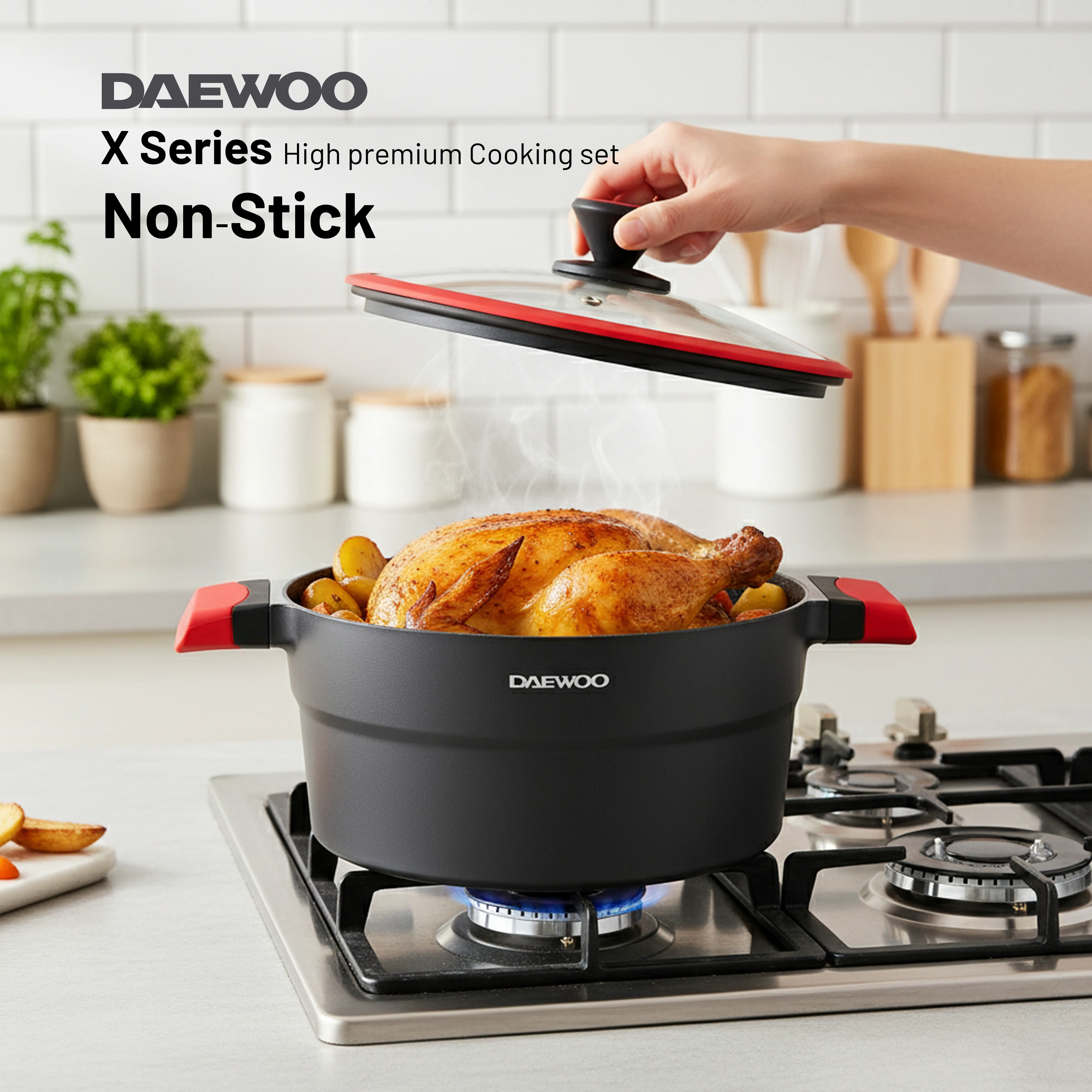 Daewoo X Series 11 Piece Granite Cooking Set (32,28,24 cm Pot, 28 cm Pan, 28 cm  Casserole), 2 Pcs of Utensil Tools - Black/Red