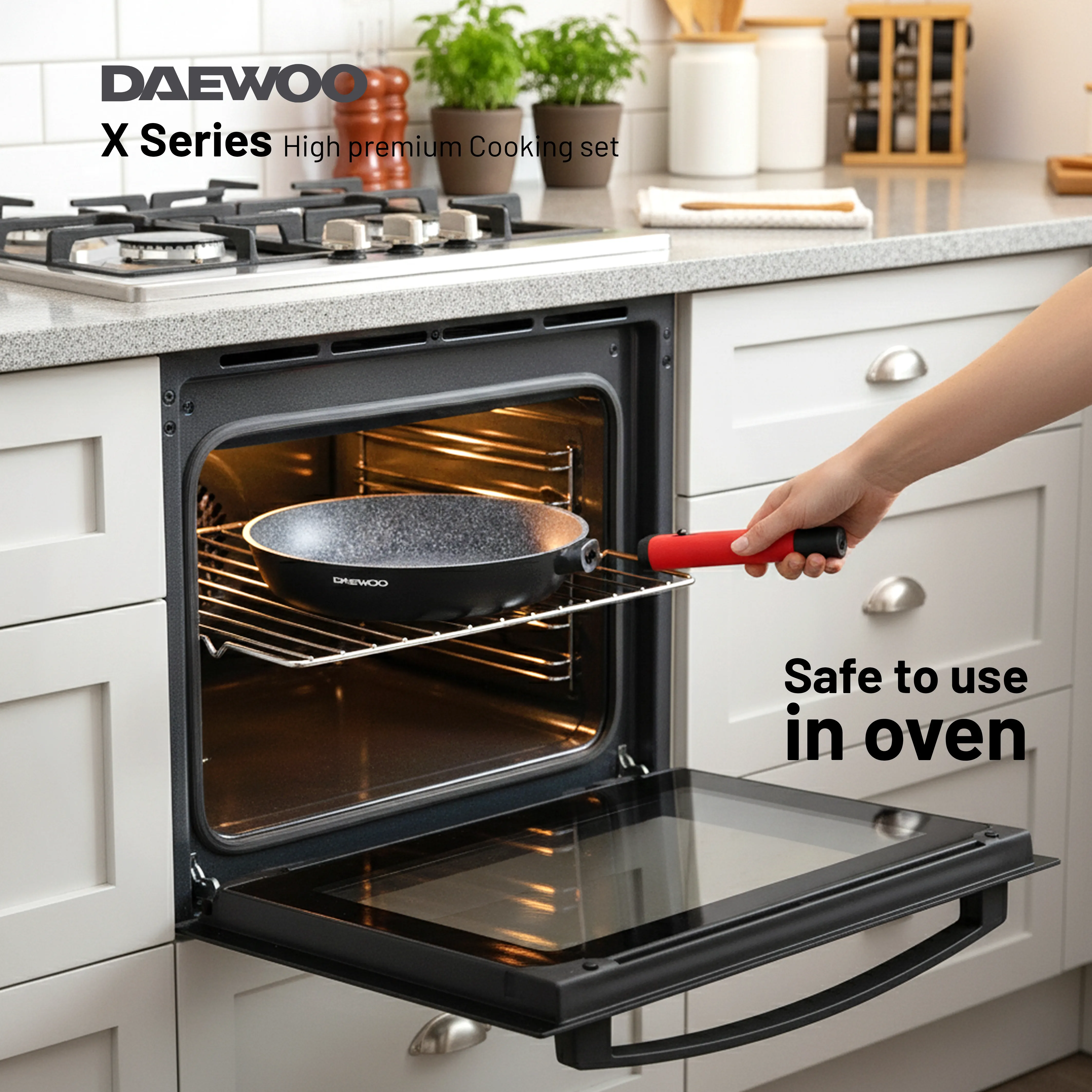 Daewoo X Series 11 Piece Granite Cooking Set (32,28,24 cm Pot, 28 cm Pan, 28 cm  Casserole), 2 Pcs of Utensil Tools - Black/Red