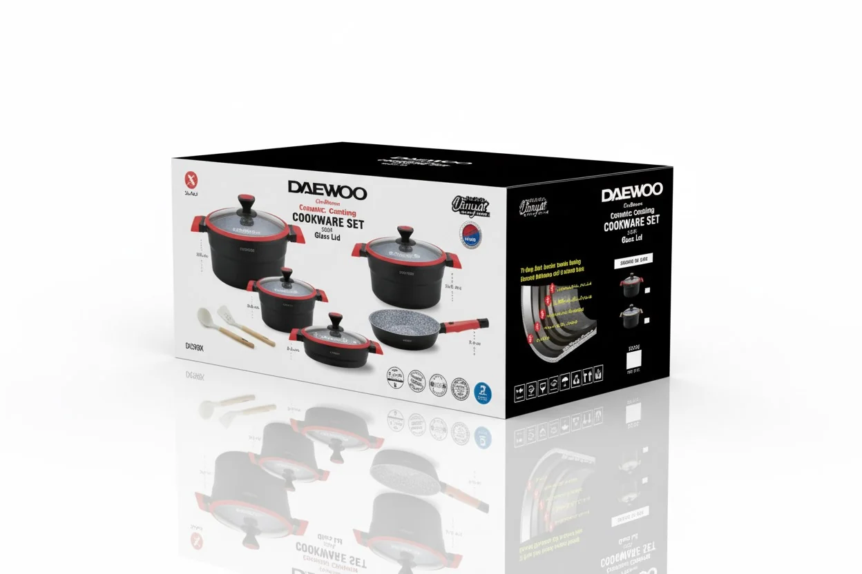 Daewoo X Series 11 Piece Granite Cooking Set (32,28,24 cm Pot, 28 cm Pan, 28 cm  Casserole), 2 Pcs of Utensil Tools - Black/Red