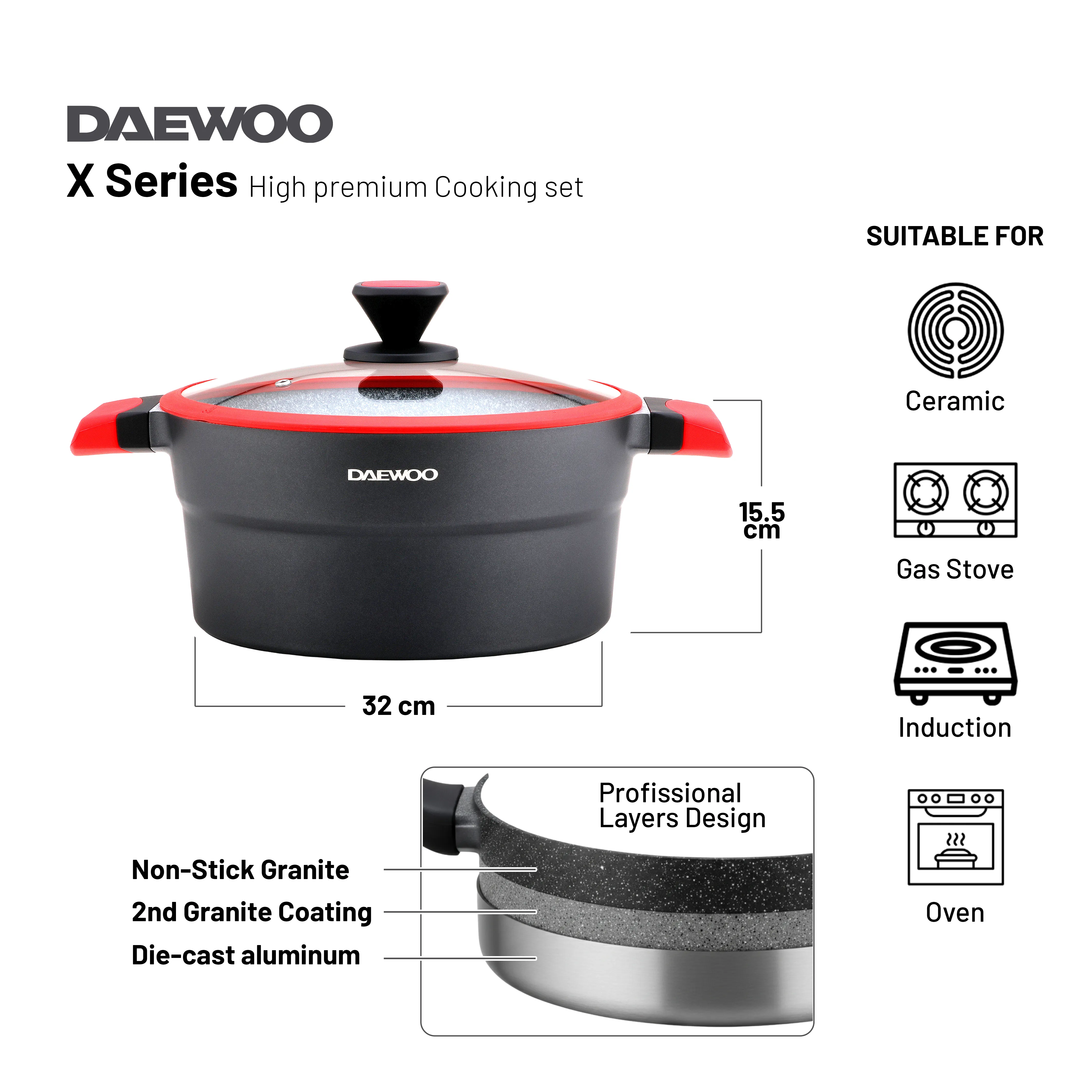 Daewoo X Series 11 Piece Granite Cooking Set (32,28,24 cm Pot, 28 cm Pan, 28 cm  Casserole), 2 Pcs of Utensil Tools - Black/Red