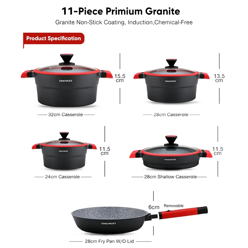 Daewoo X Series 11 Piece Granite Cooking Set (32,28,24 cm Pot, 28 cm Pan, 28 cm  Casserole), 2 Pcs of Utensil Tools - Black/Red
