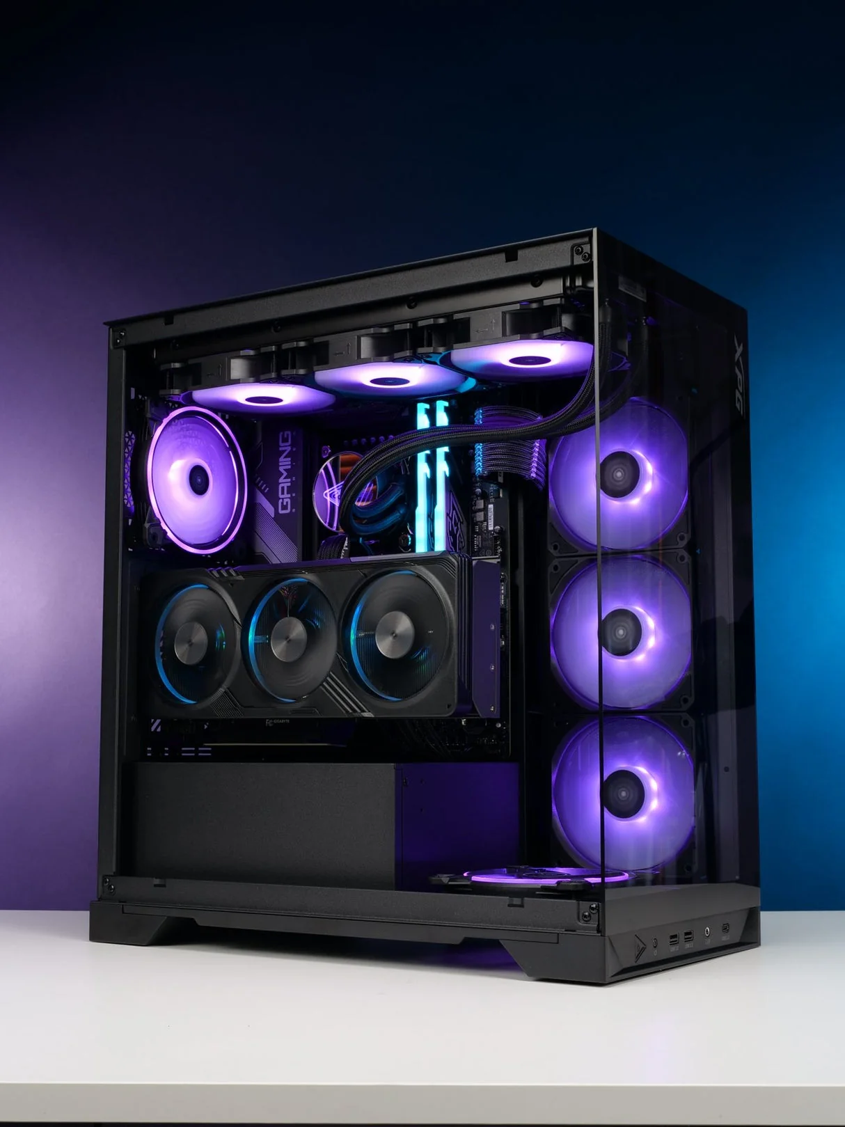XPG INVADER X - Tempered Glass Panels ATX Mid Tower with 5 ARGB Fans Vertical graphics card - Support Top 360 cooler