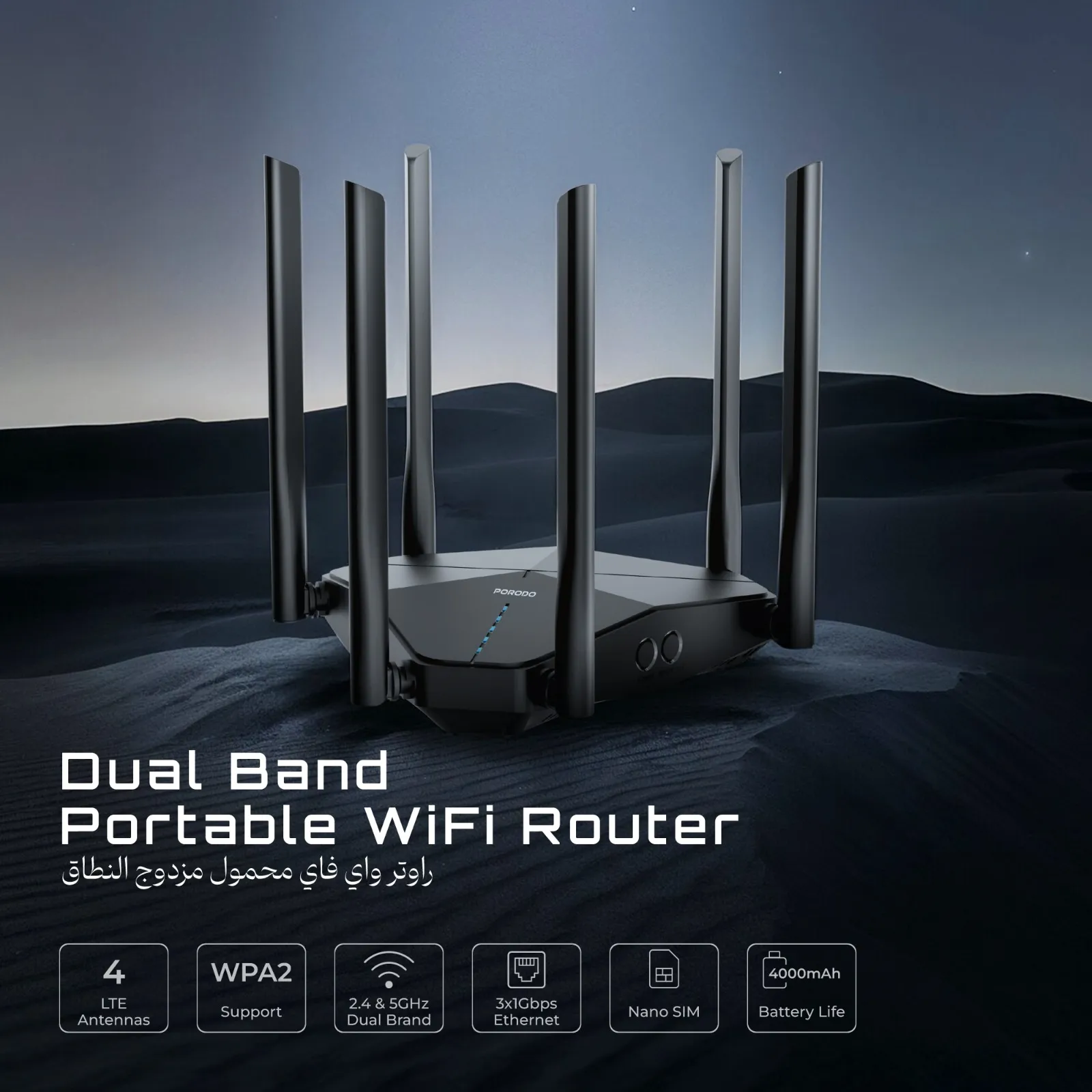 Porodo Dual Band Portable Wi-Fi Router - Black