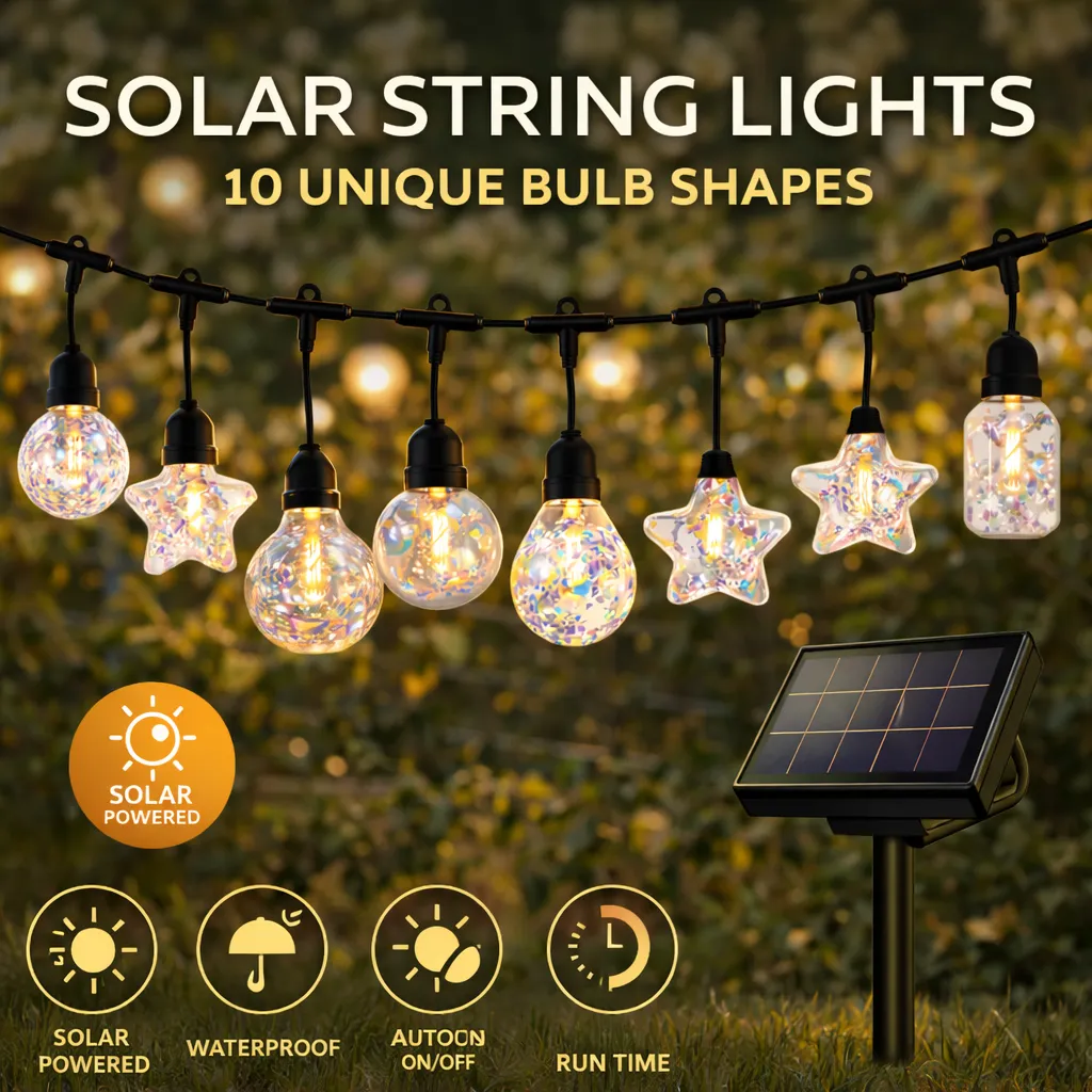 Solar & USB Rechargeable Decorative String Lights with 10 Glass Style Bulbs, 8 Lighting Modes & Auto On/Off - 5M Waterproof Outdoor LED Light Set