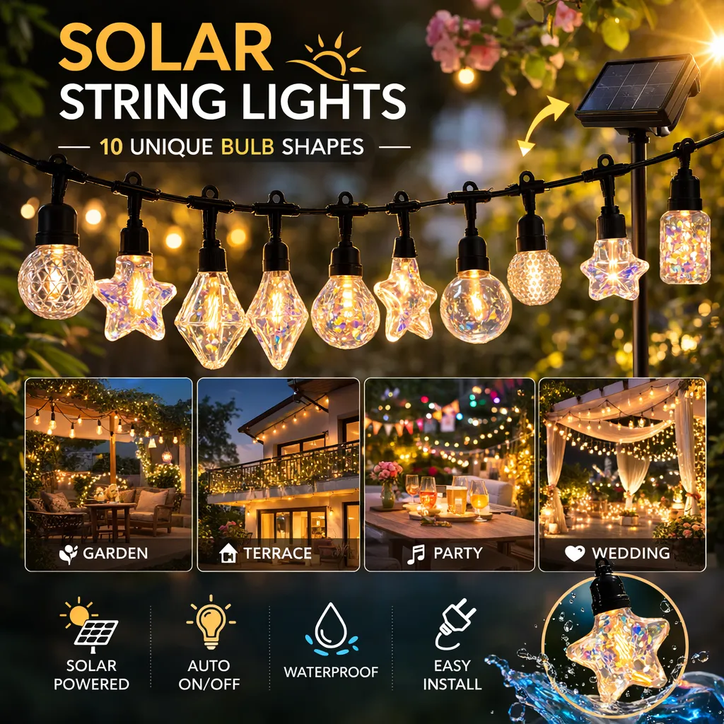 Solar & USB Rechargeable Decorative String Lights with 10 Glass Style Bulbs, 8 Lighting Modes & Auto On/Off - 5M Waterproof Outdoor LED Light Set