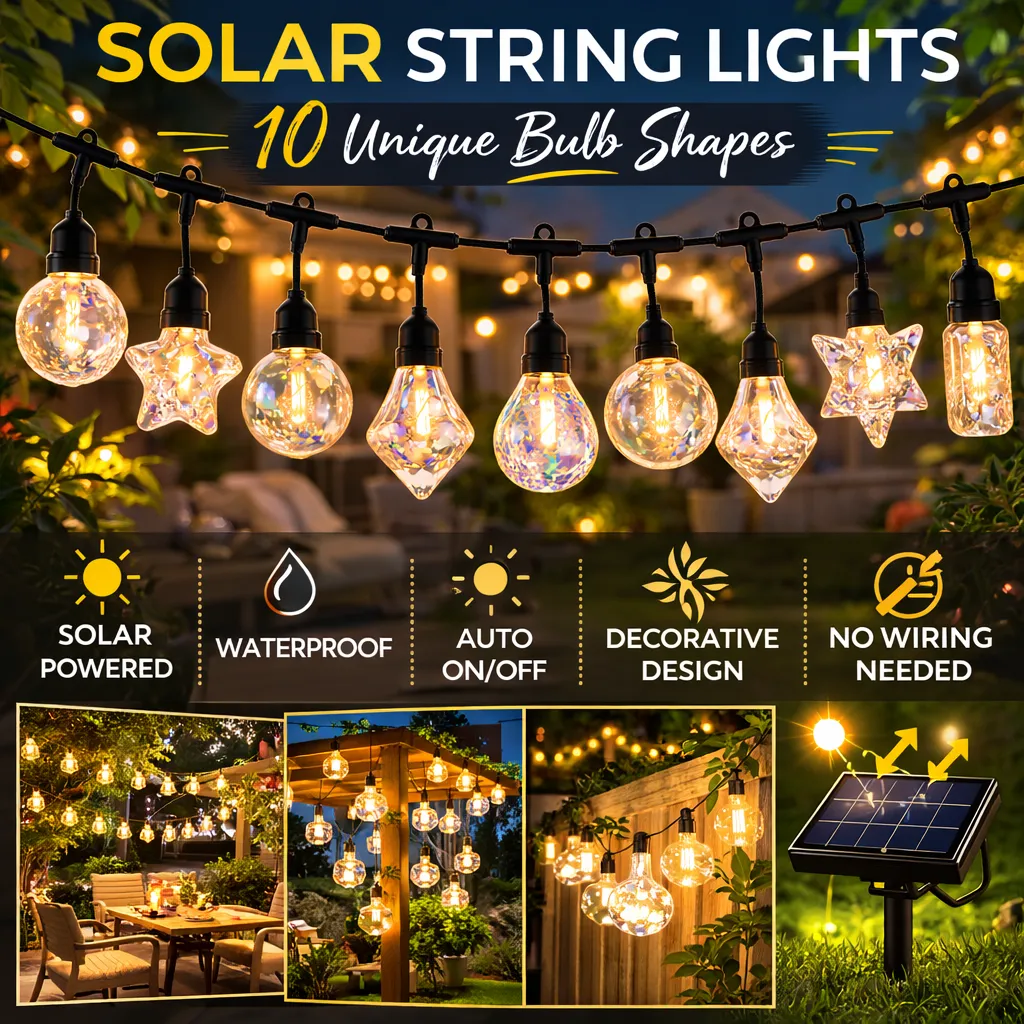 Solar & USB Rechargeable Decorative String Lights with 10 Glass Style Bulbs, 8 Lighting Modes & Auto On/Off - 5M Waterproof Outdoor LED Light Set