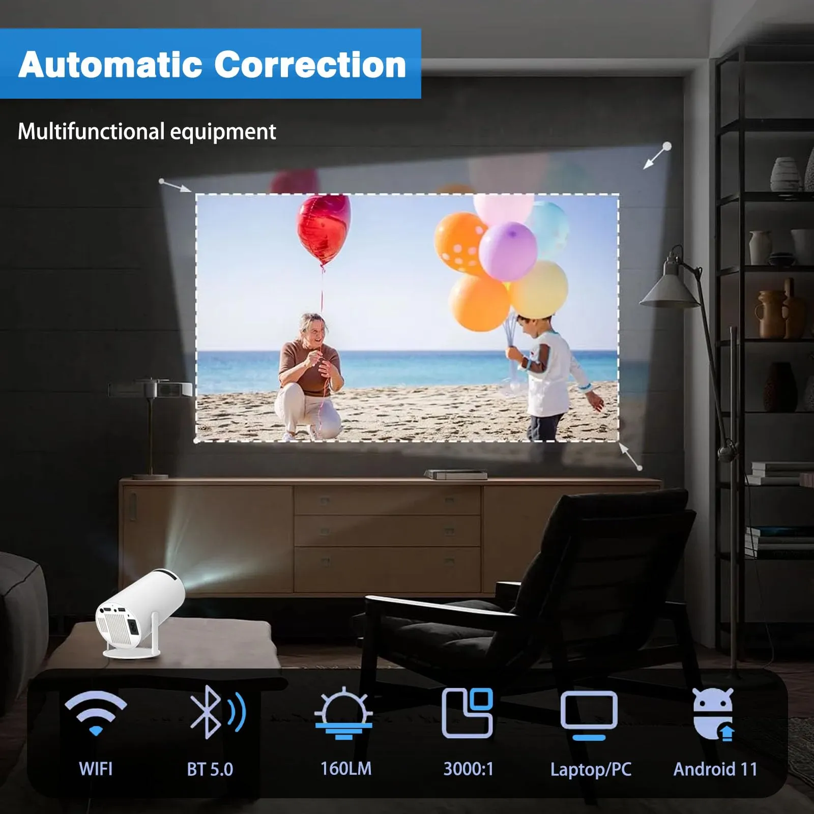 Smart WiFi 6 Gaming Projector with Dual Wireless Controllers, 1080P HD Resolution, 4K Support, Auto Keystone & Android 11 - Portable Home Theater System