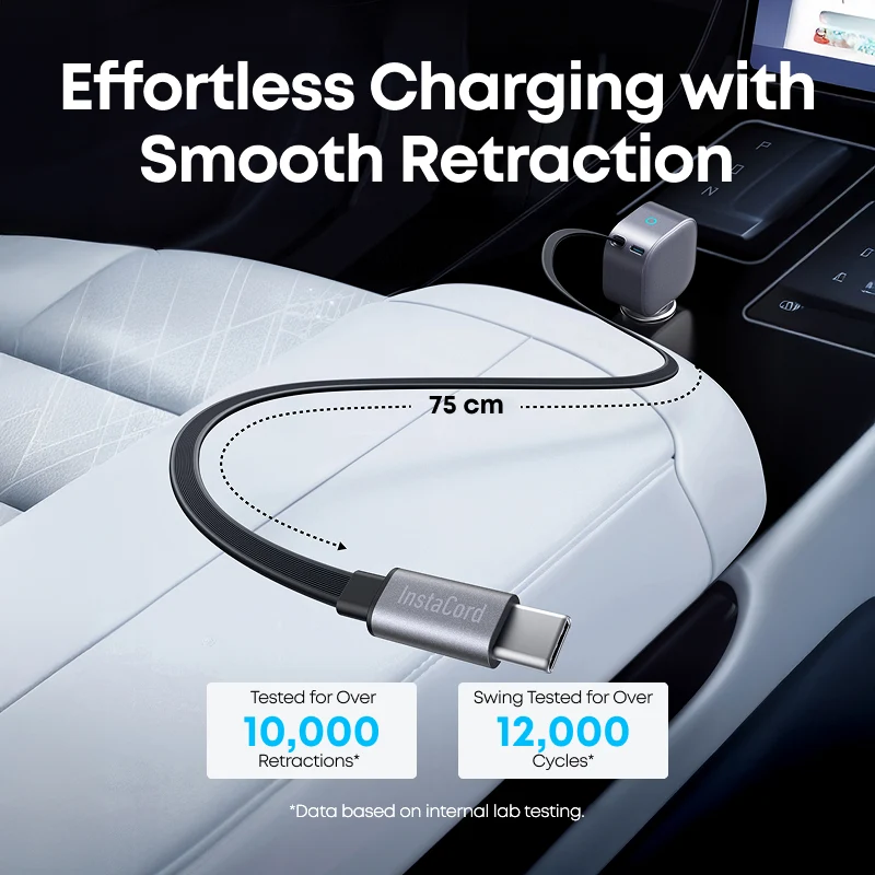 Anker 75W USB‑C Car Charger – Built‑In Retractable Cable (Silver)