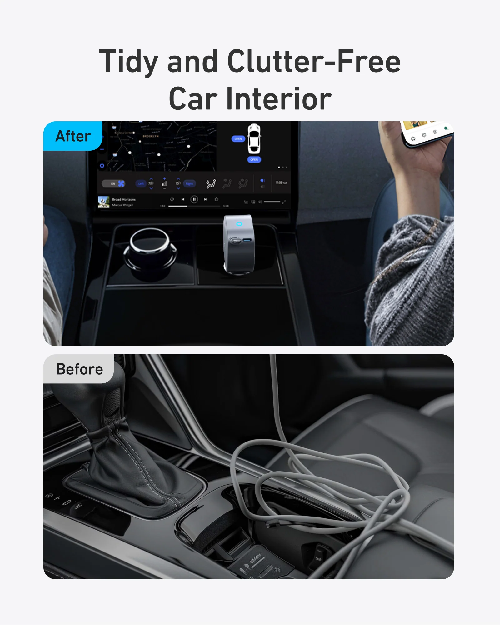 Anker 75W USB‑C Car Charger – Built‑In Retractable Cable (Silver)