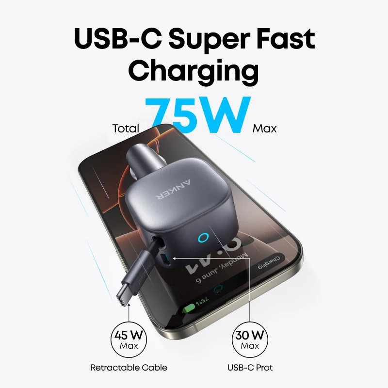 Anker 75W USB‑C Car Charger – Built‑In Retractable Cable (Silver)