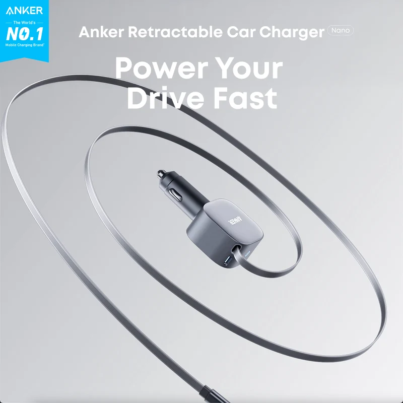 Anker 75W USB‑C Car Charger – Built‑In Retractable Cable (Silver)