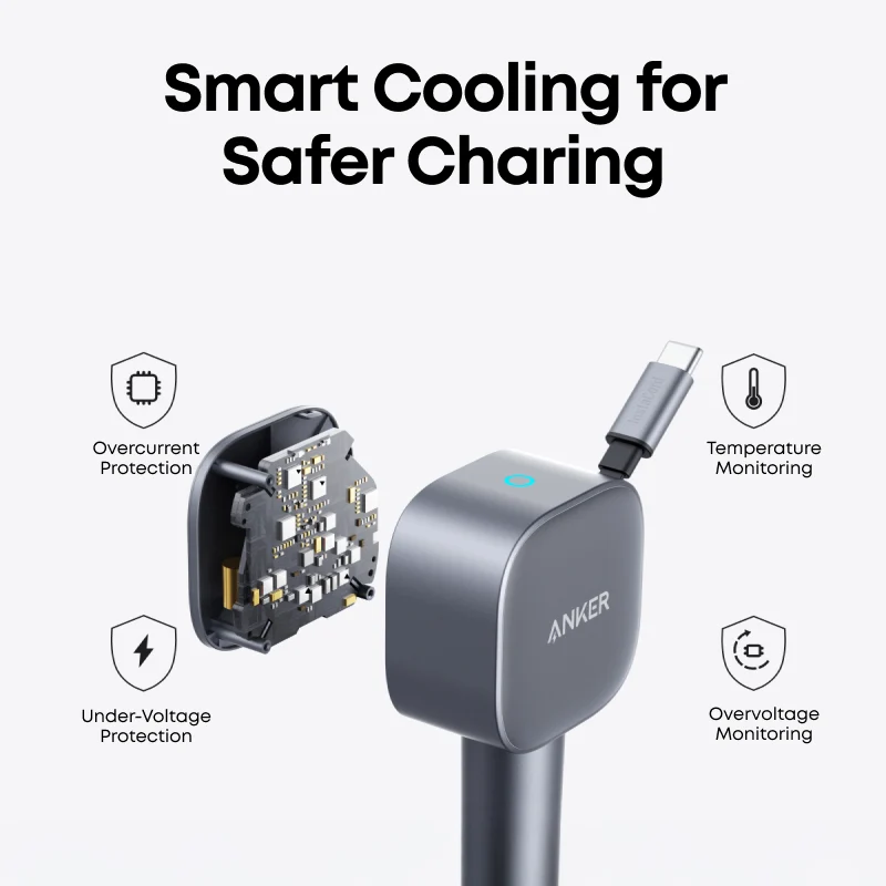 Anker 75W USB‑C Car Charger – Built‑In Retractable Cable (Silver)