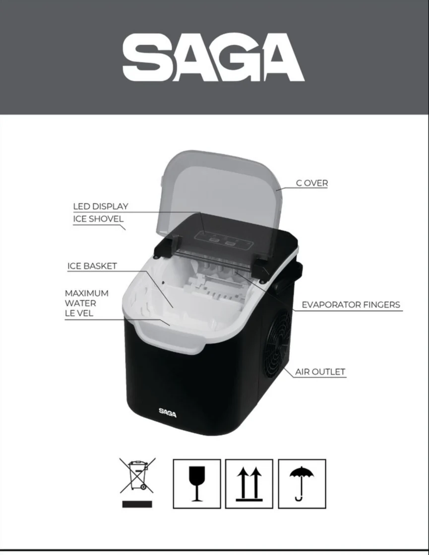 Saga Ice Maker 12kg/Day with Dual Cube Size & Indicator Lights - SG-9057