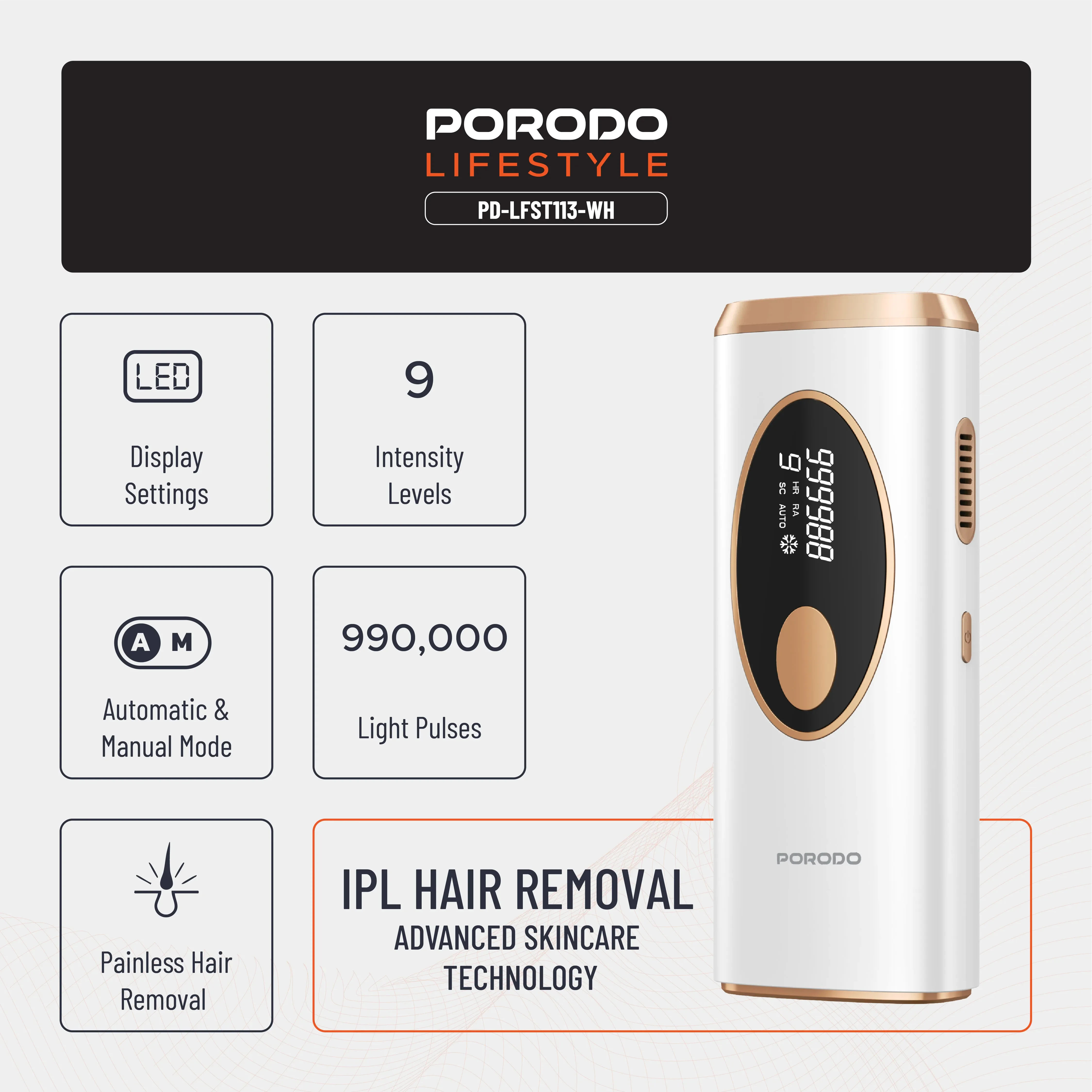 Porodo Lifestyle IPL Hair Removal Device with 9 Energy Levels & Cooling Technology - White