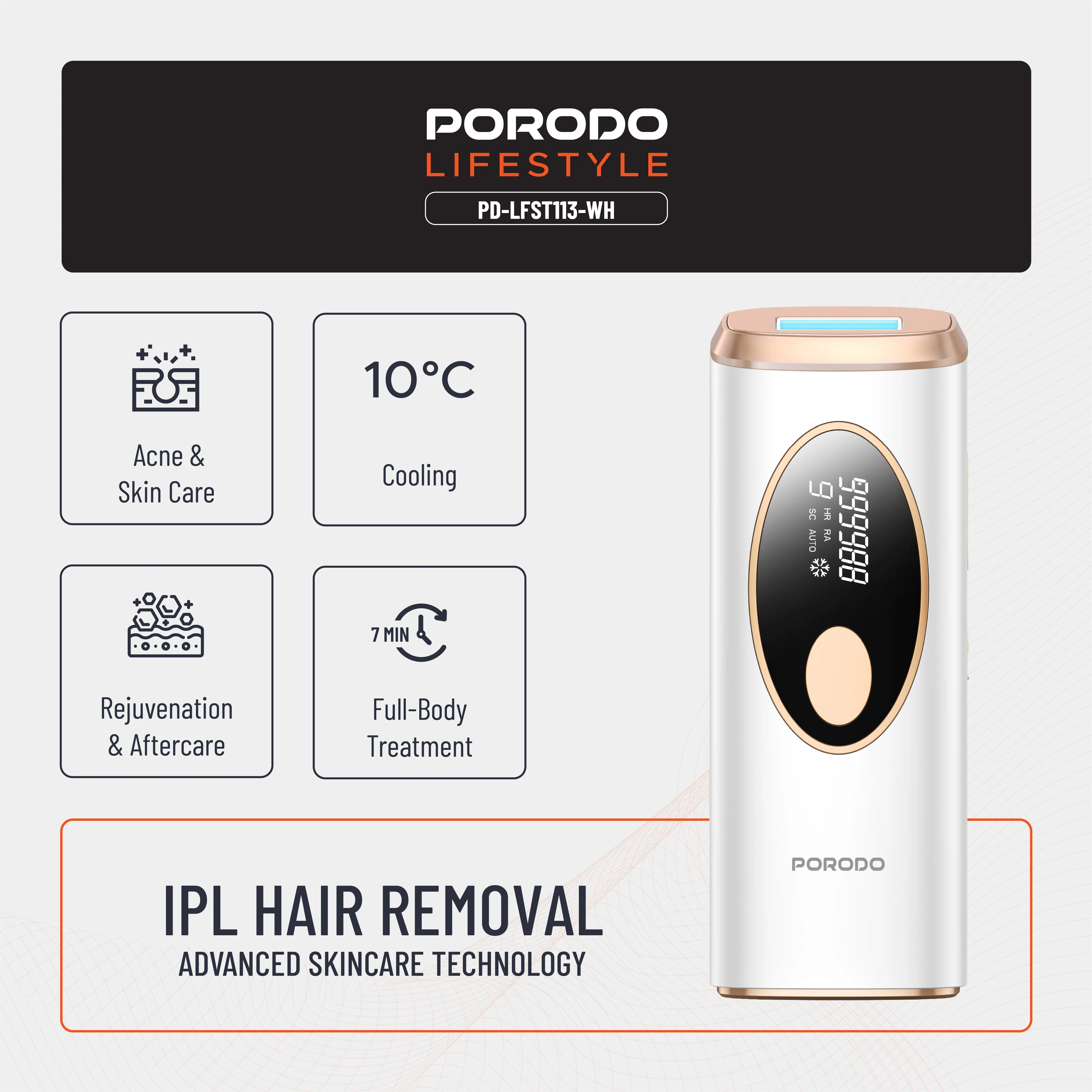 Porodo Lifestyle IPL Hair Removal Device with 9 Energy Levels & Cooling Technology - White