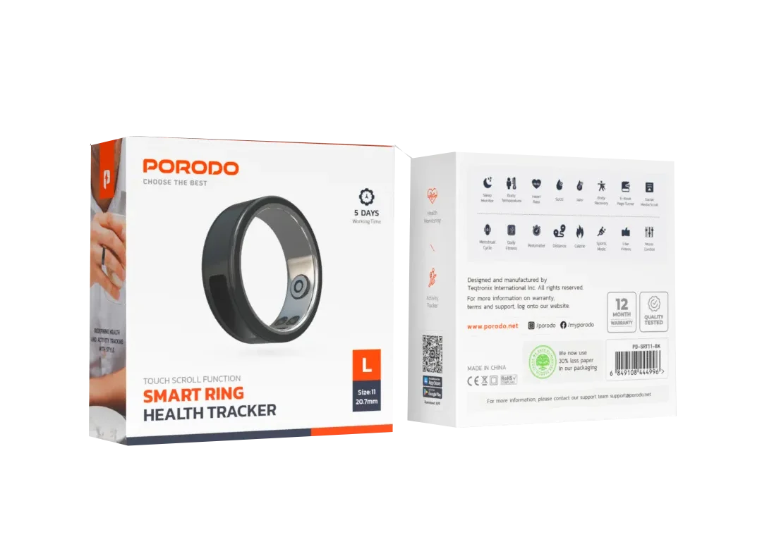 Porodo Smart Ring with Touch Control, Health Monitoring & 5-Day Battery - Size L (20.7mm)