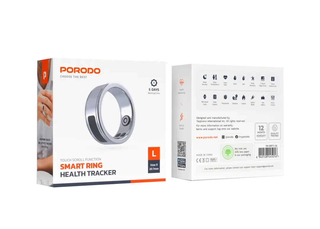Porodo Smart Ring with Touch Control, Health Monitoring & 5-Day Battery - Size L (20.7mm)
