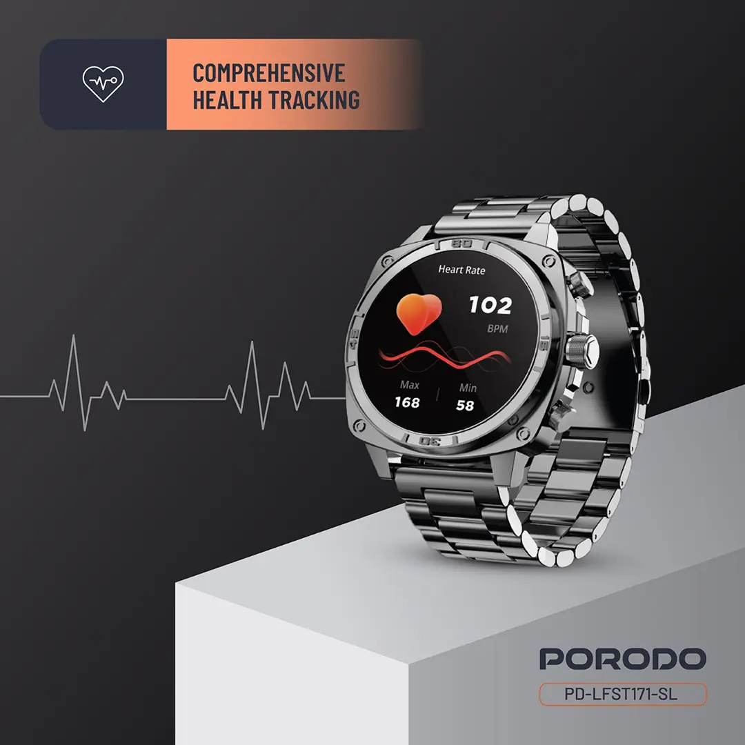 Porodo Chrono Steel Smart Watch with AMOLED Display, Bluetooth Calling & IP68 - Silver