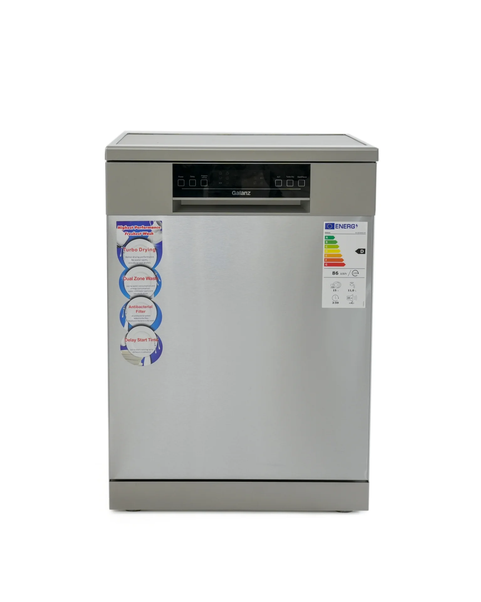 Galanz Dishwasher 15 Place Settings, 6 Programs, 3 Baskets – Silver (W15D3A401M-CE0)