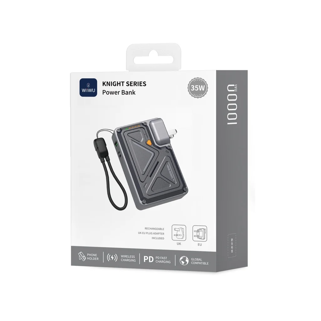 WiWU Knight Series 10,000 mAh Power Bank – 35W with Integrated CN+UK+EU Plug, Black