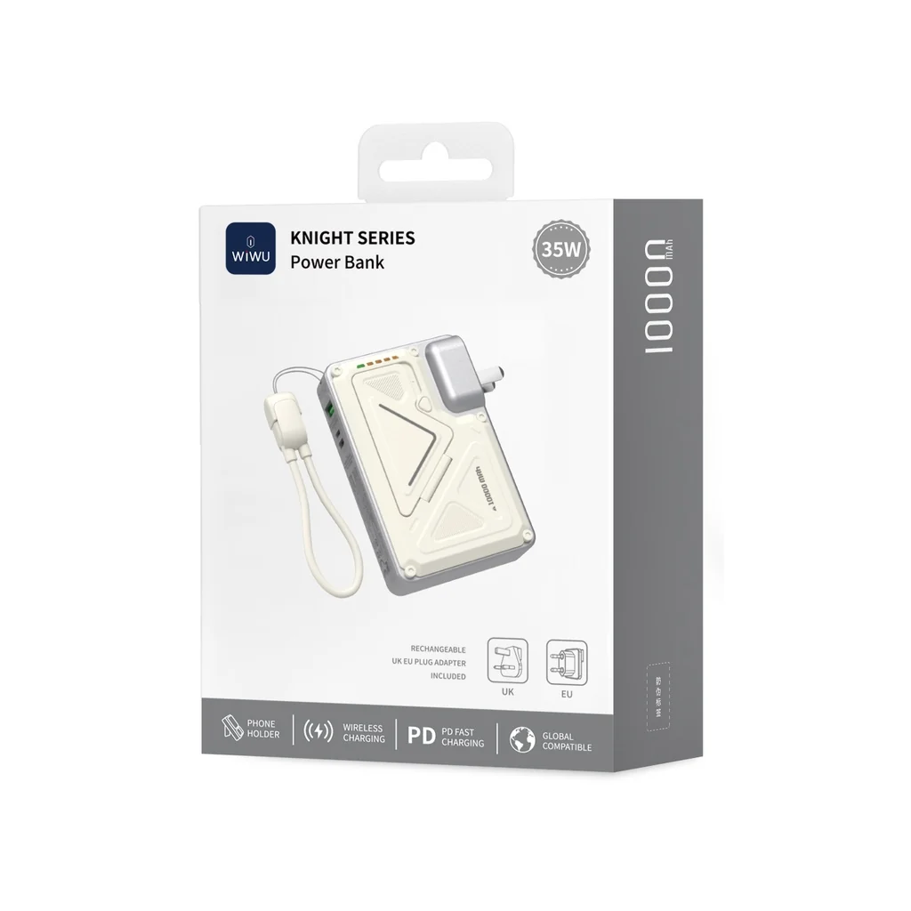 WiWU Knight Series 10,000 mAh Power Bank – 35W with Integrated CN+UK+EU Plug, White