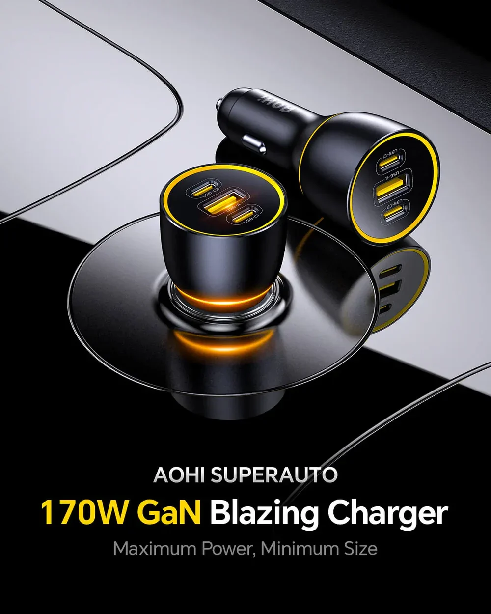 AOHI SuperAuto 170W GaN Car Charger PD3.1 Fast Charging 2 USB-C 1 USB-A Black