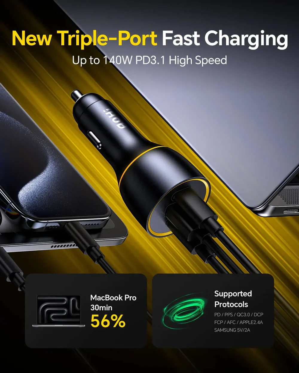 AOHI SuperAuto 170W GaN Car Charger PD3.1 Fast Charging 2 USB-C 1 USB-A Black