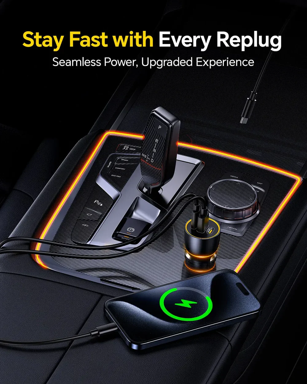 AOHI SuperAuto 170W GaN Car Charger PD3.1 Fast Charging 2 USB-C 1 USB-A Black