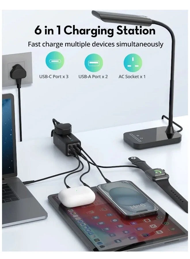 RP-PC1062 70W Power Strip 5 Ports  With AC Power UK Socket 1.5M+ Travel Charger Combo - Black