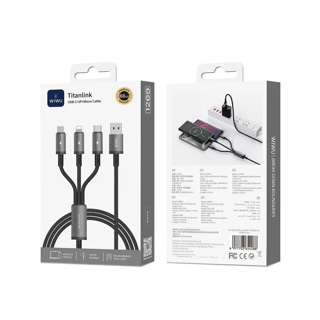 WiWU Titanlink 66W 3-in-1 Charging Cable 1.2m – USB-A to Type-C, Micro & Lightning